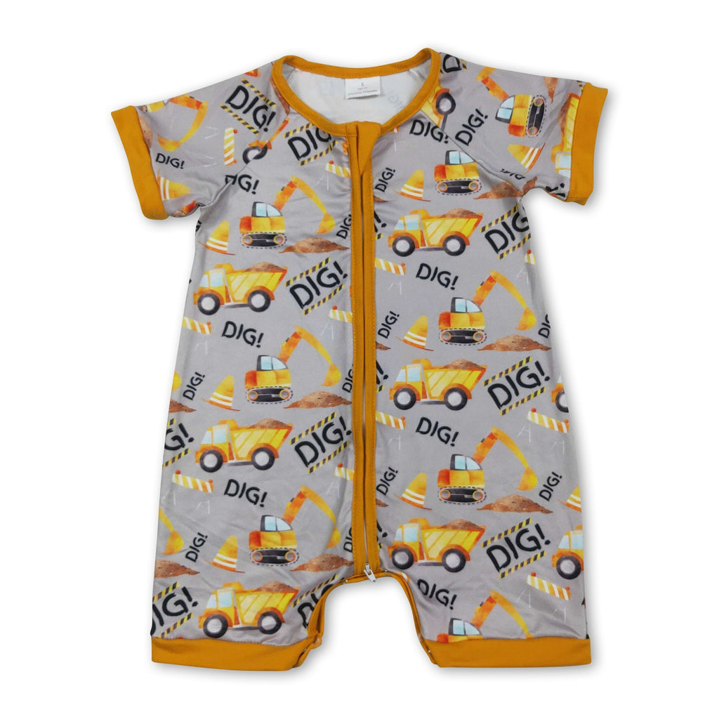 Short sleeves dig excavator baby boy zipper romper