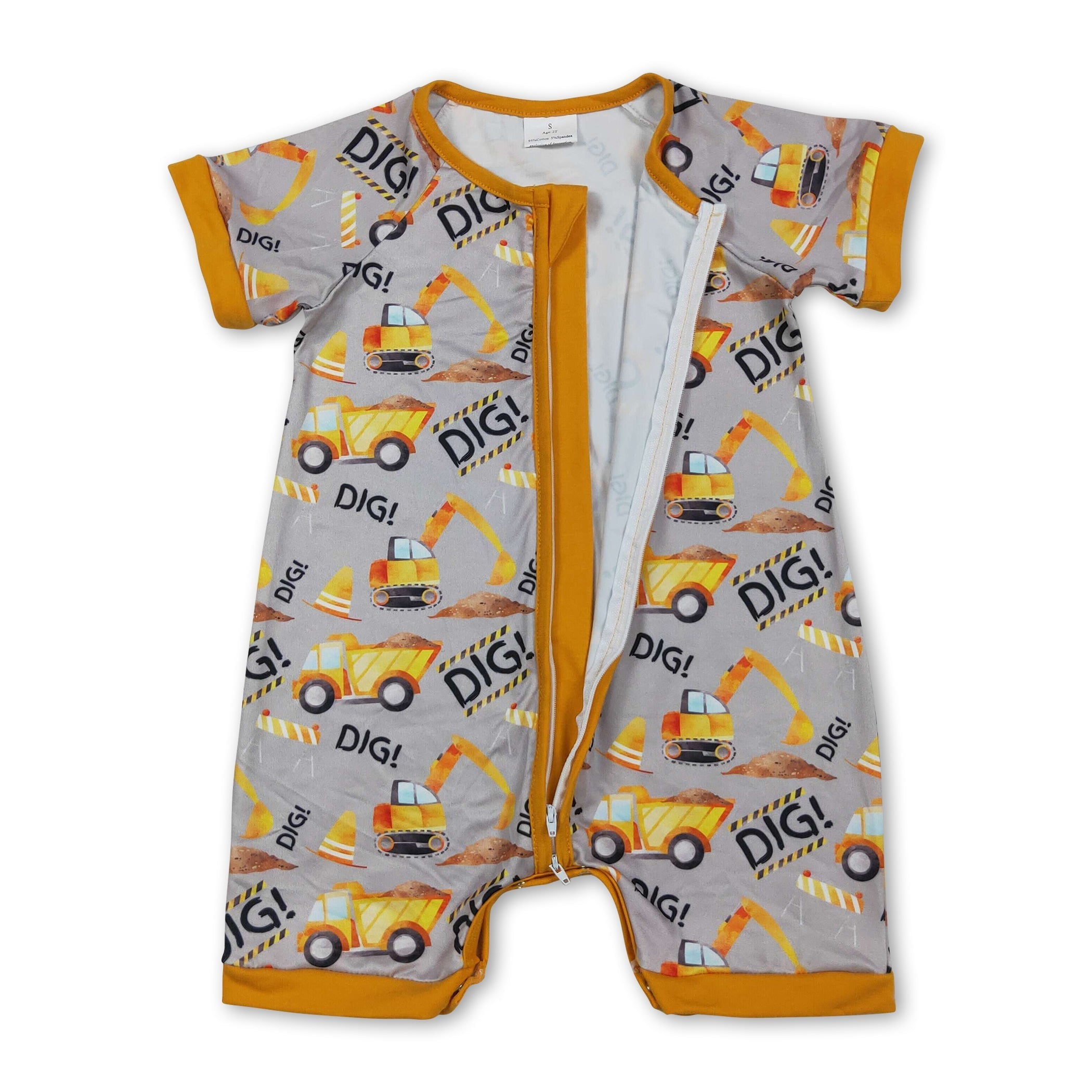 Short sleeves dig excavator baby boy zipper romper