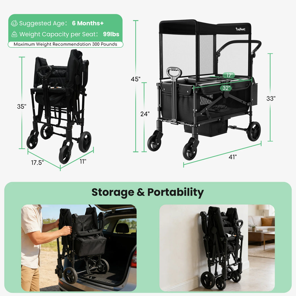 2 Seat Wagon Stroller For Toddlers with Canopy
