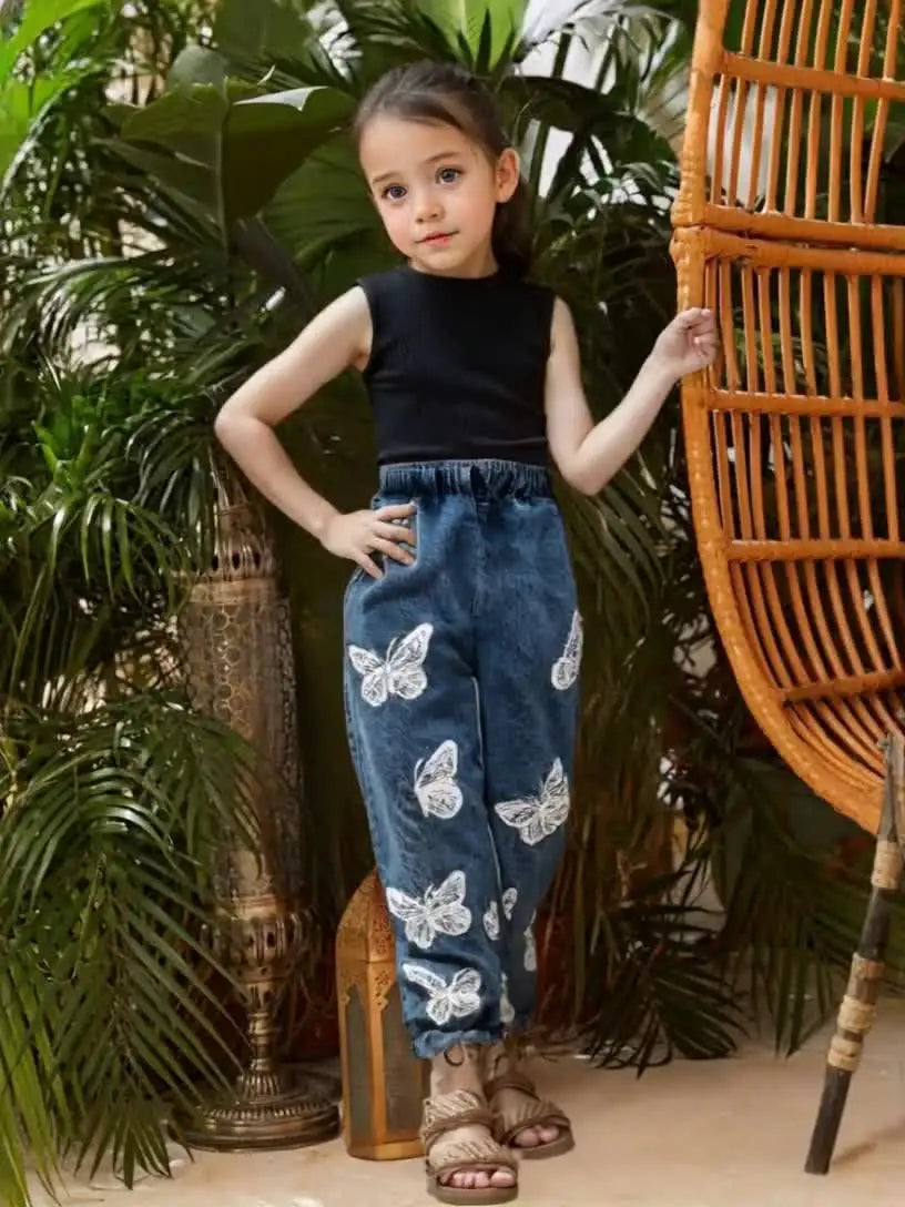 Solid Color Tank Top & Trendy Printed Jeans