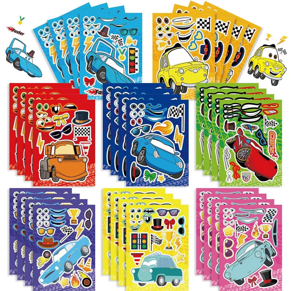 8/16Sheets DIY Race Car Make a Face Puzzle Stickers Boys Toy Create your own Cars Assemble Jigsaw Funny Party Game Children Gift