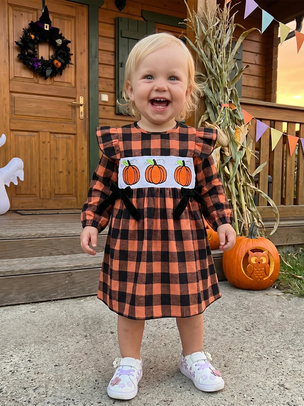 Girls Pumpkin Embroidery Halloween Dress
