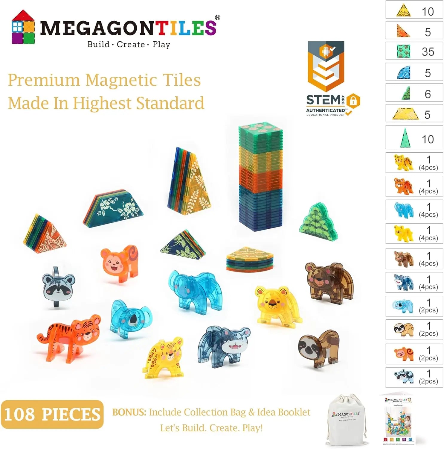 108 PCS Zoo Animals Magnetic Tiles Set