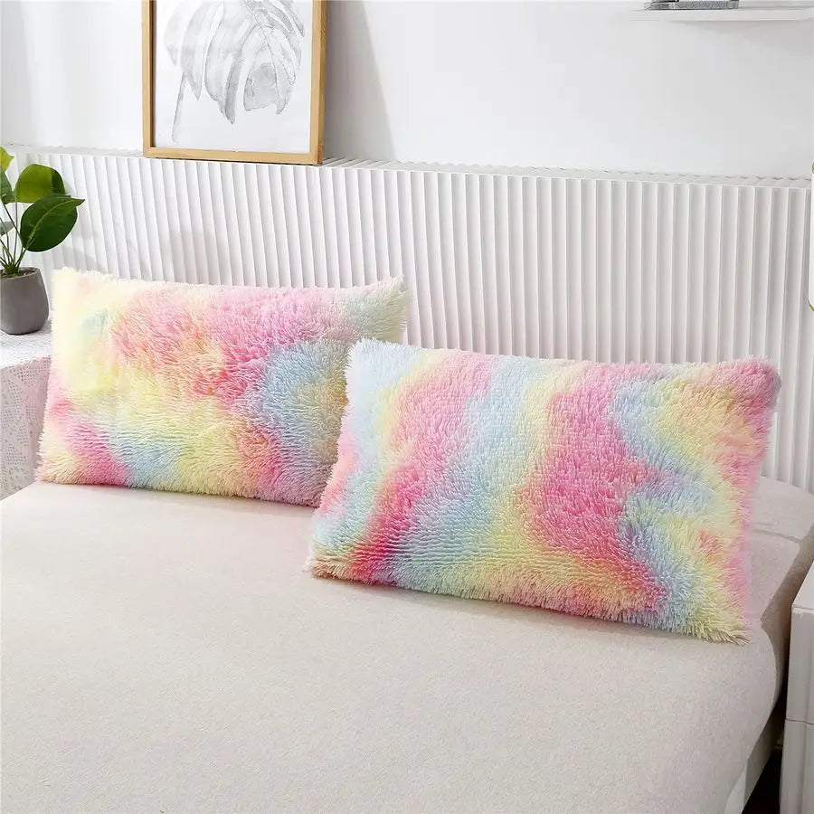 3Pcs Rainbow Girls Bedding Sets Twin Size Ultra Soft Long Hair Plush Shaggy Duvet Cover with Pillowcases Colorful Tie Dye Beddin
