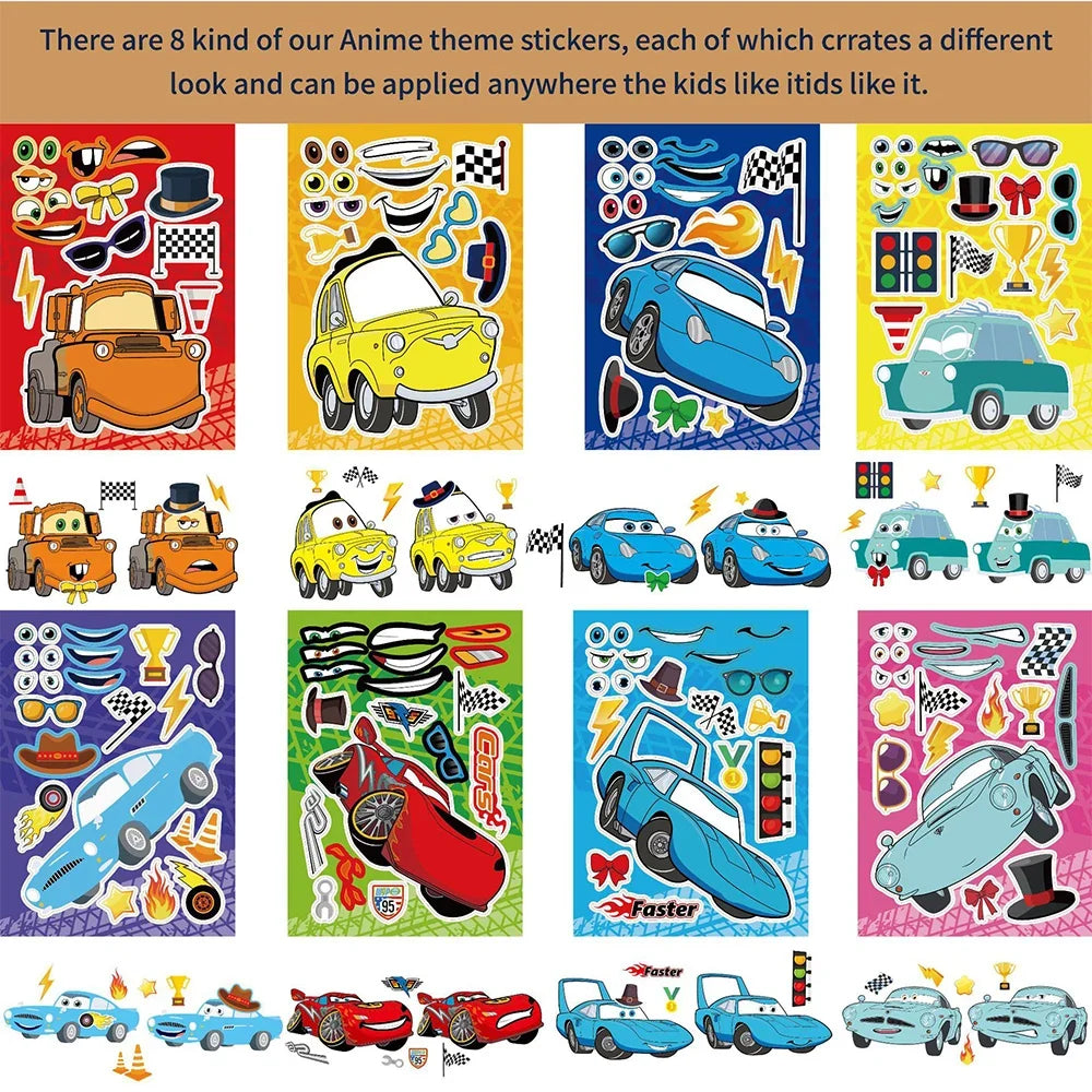 8/16Sheets DIY Race Car Make a Face Puzzle Stickers Boys Toy Create your own Cars Assemble Jigsaw Funny Party Game Children Gift