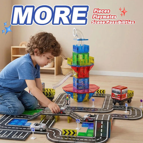 150PCS Magnetic Tiles Road with Marble Run
