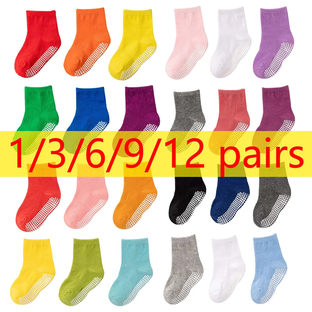 1/3/6/9/12 Pairs Non-slip Kids Cotton Socks