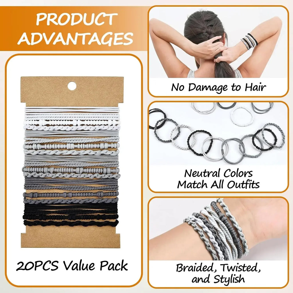 20PCS Elastic No Damage Hair Bands, Braided Bracelet Ponytail Holders, Neutral Colors Boho Accessories