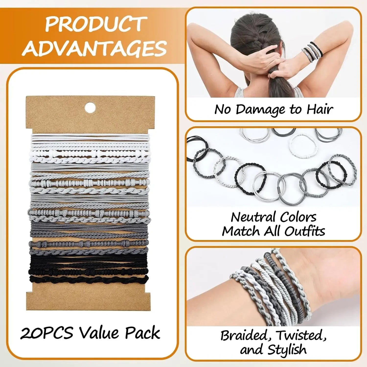 20PCS Elastic No Damage Hair Bands, Braided Bracelet Ponytail Holders, Neutral Colors Boho Accessories