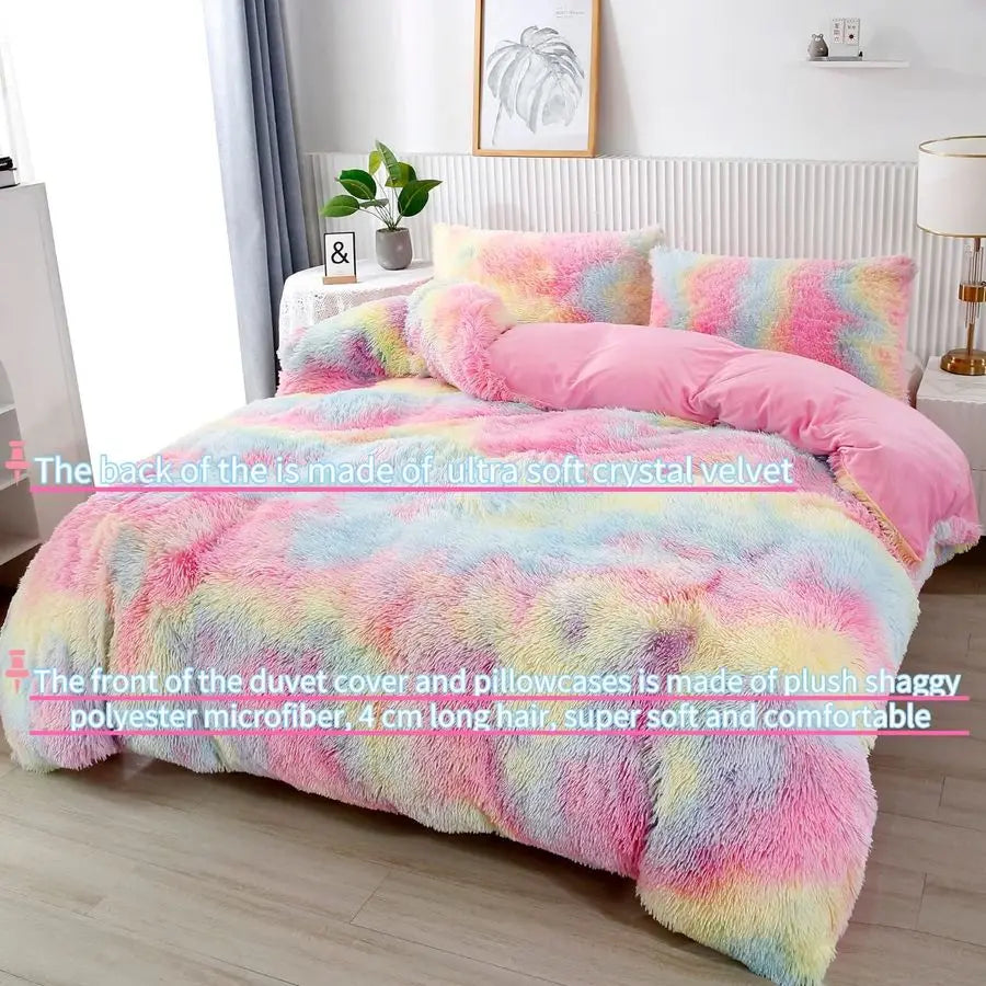 3Pcs Rainbow Girls Bedding Sets Twin Size Ultra Soft Long Hair Plush Shaggy Duvet Cover with Pillowcases Colorful Tie Dye Beddin