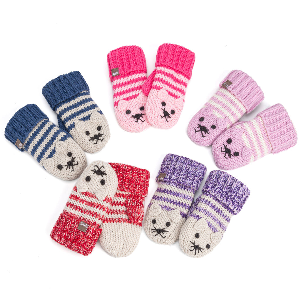 Kids Kitty Cat Stripe Knit Mittens - Soft, Fleece Lined, For Toddlers and Children of All Ages