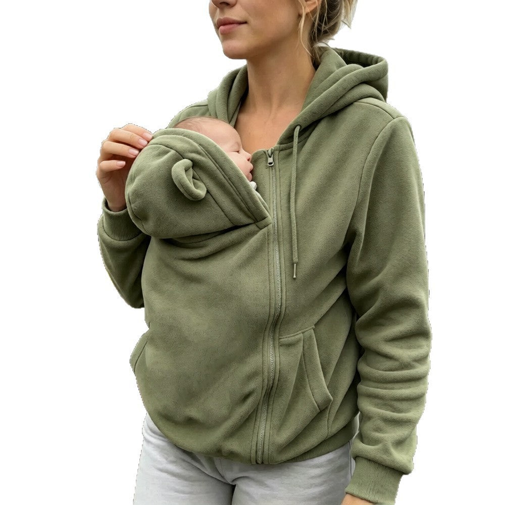Winter European And American Style Kangaroo Mom Sweatshirt Loose Zipper Hoodie Warm Outerwear For Moms With Kids