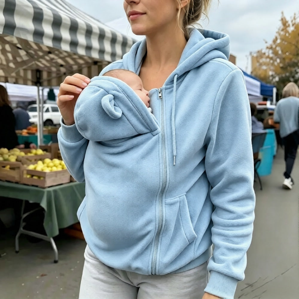 Winter European And American Style Kangaroo Mom Sweatshirt Loose Zipper Hoodie Warm Outerwear For Moms With Kids