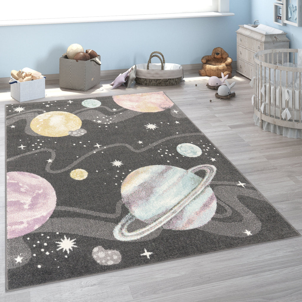 Kids Rug Nino Space with pastel colored Planets Stars in Anthracite